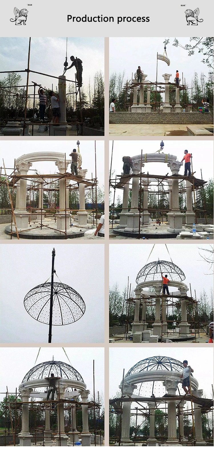 Factory Custom Outdoor Garden European Style White Marble Gazebo Metal Roof Natural Stone Pavilion