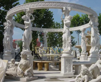 Large Sculpture Column Natural Stone Granite or Marble Gazebo with Iron Roof for Sale