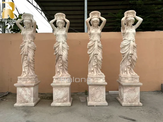 Outdoor Indoor Decorative Architectural Building Pillar Hand Craved Natural Marble Stone Greek Column with Greek Man Statue