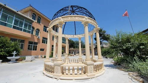 Customized Modern Granite Column Gazebo with Red Iron Top for Outdoor Decoration