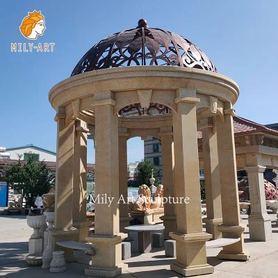 Outside Large Granite Column Gazebo with Iron Top Stone Pavilion for Garden