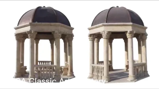 Large Sculpture Column Granite or Marble Gazebo with Iron Roof