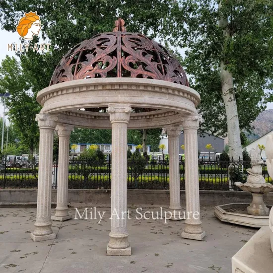 Custom Beige Hand Carved Outdoor Garden Decor Natural Stone Round Pavilion Marble Column Gazebo for Decoration